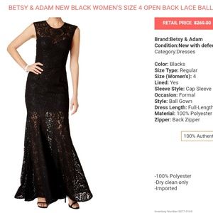 Betsy and Adam size 4 black lace gown